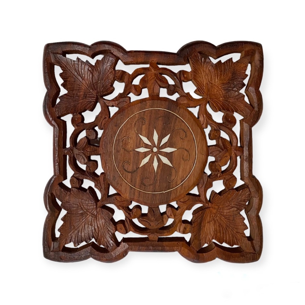 Vintage Hand Carved Solid Wood Trivet Openwork Vines Leaves Gallery Wall Art